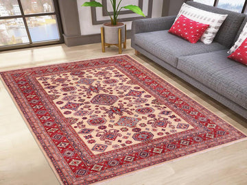 handmade Geometric Super Kazak Beige Red Hand Knotted RECTANGLE 100% WOOL area rug 8x10